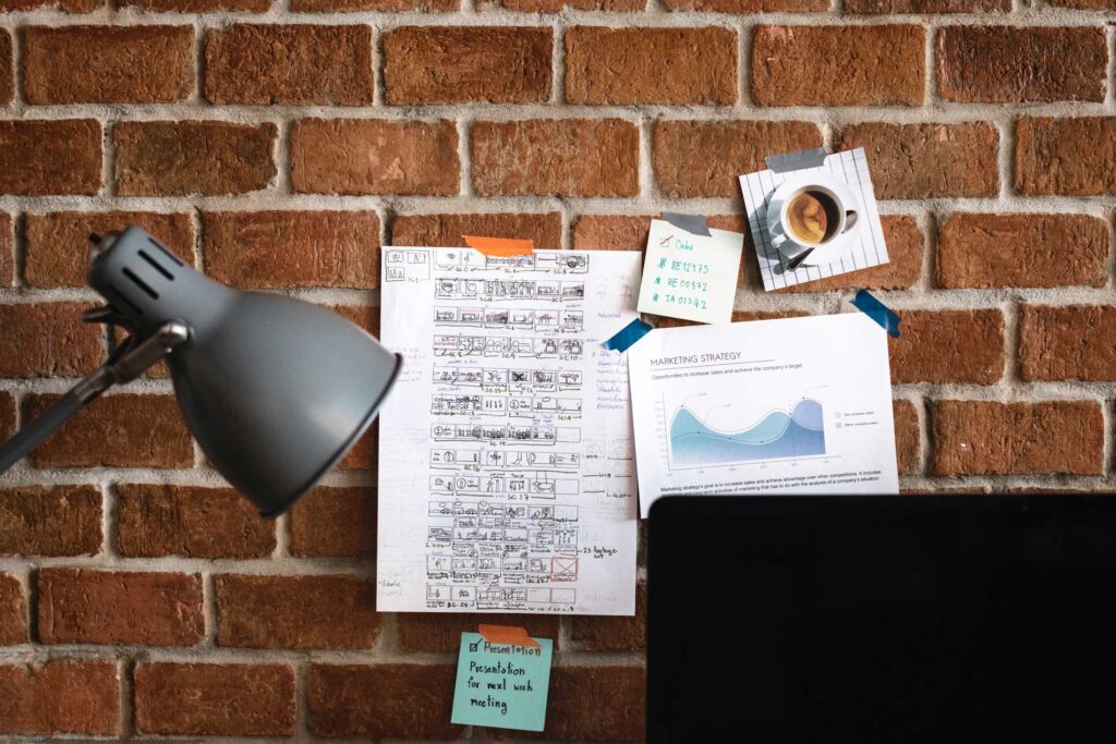 workspace with note brick wall